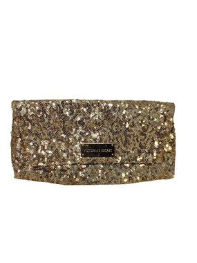 Victorias Secret Gold Sequin Clutch Fold-Over Closure & Zippered Pocket #D-25